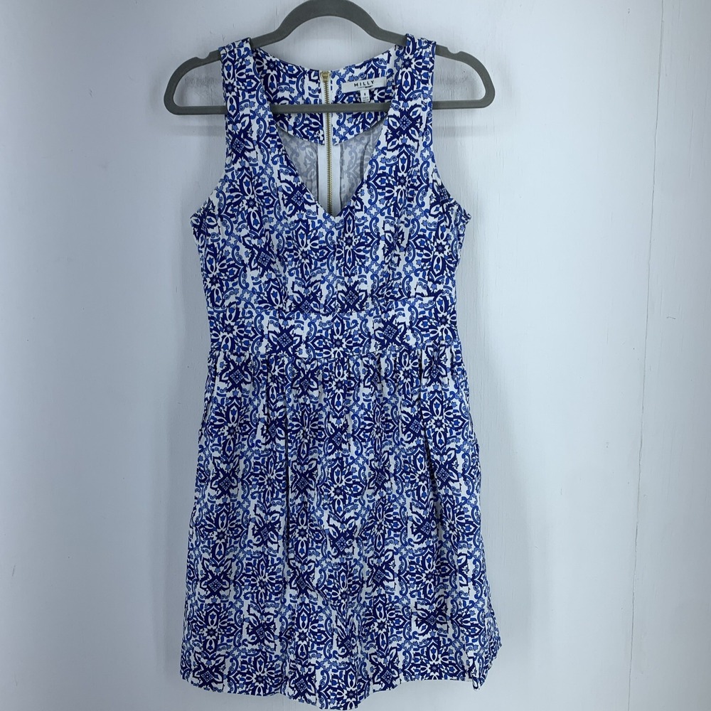 Milly Design Nation Womens‎ 6 Dress Blue White Cottagecore Beach Coastal Ditsy